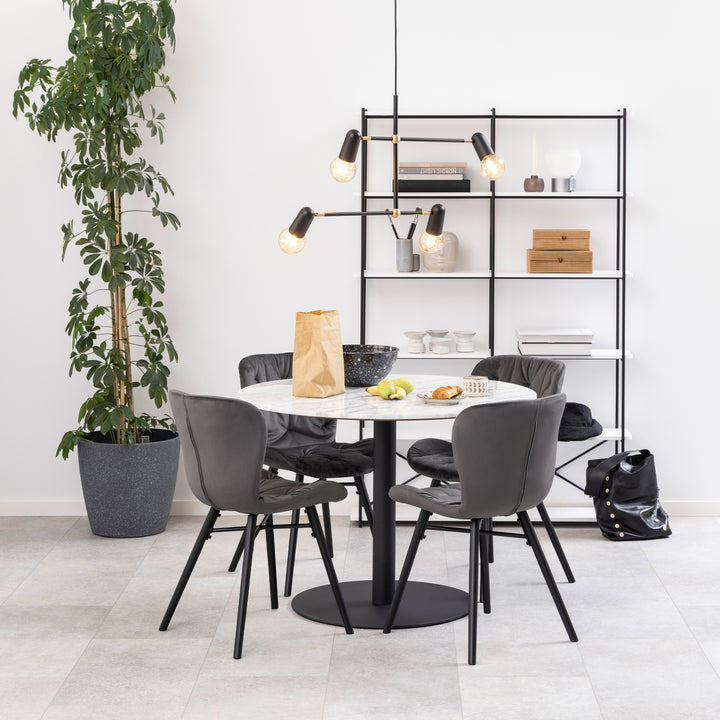Corby Round Dining Table with White Polished Marble Top &amp; Black Base includes 4 Batilda Dining Chairs in Cream/Oak