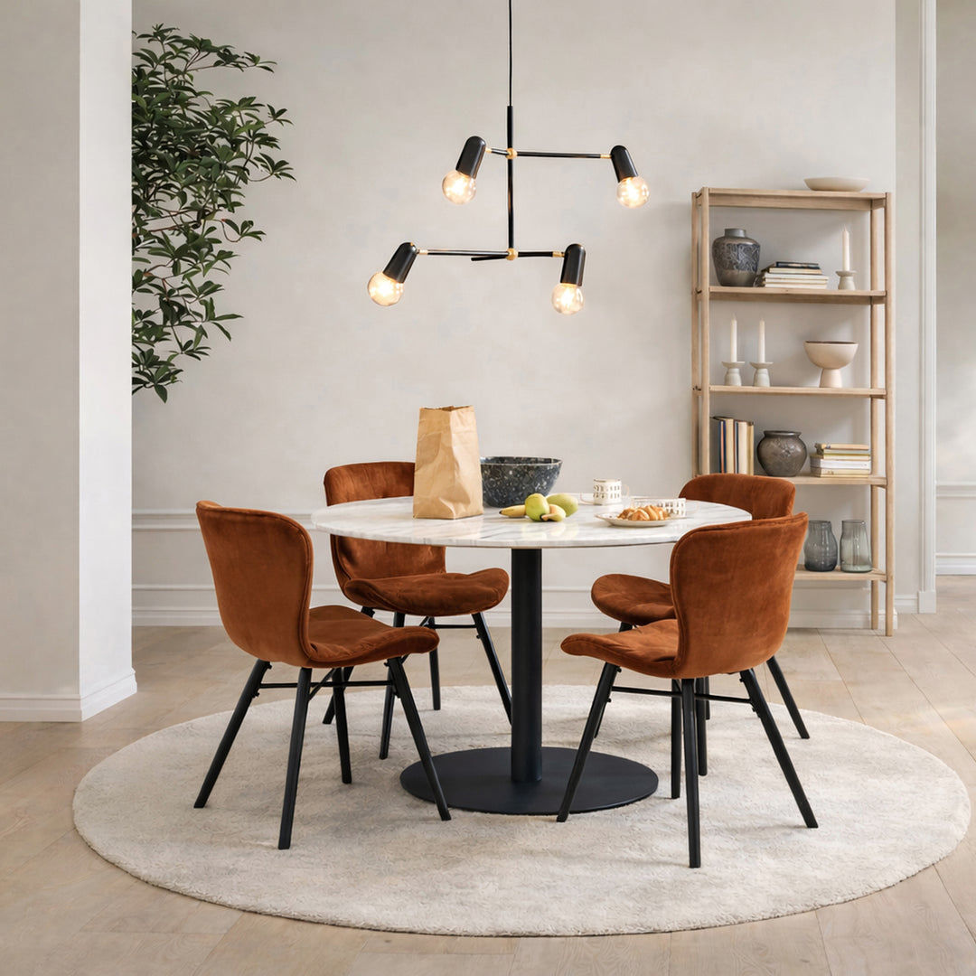 Corby Round Dining Table with White Polished Marble Top &amp; Black Base includes 4 Batilda Dining Chairs in Copper
