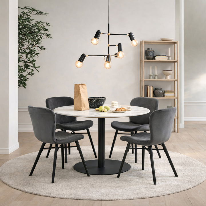 Corby Round Dining Table with White Polished Marble Top &amp; Black Base includes 4 Batilda Dining Chairs in Dark Grey