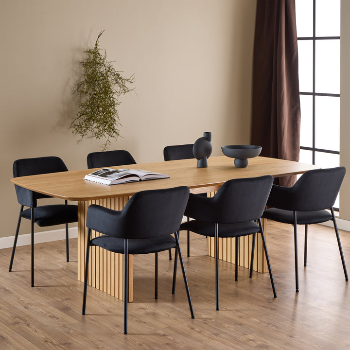 Christo Dining Table in Oak 220x75cm including 6 Lima Dining Chairs with Armrest in Black