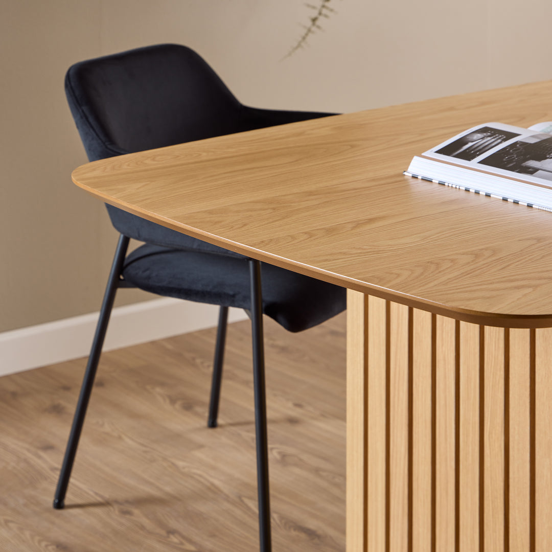 Christo Dining Table in Oak 220x75cm including 6 Lima Dining Chairs with Armrest in Black