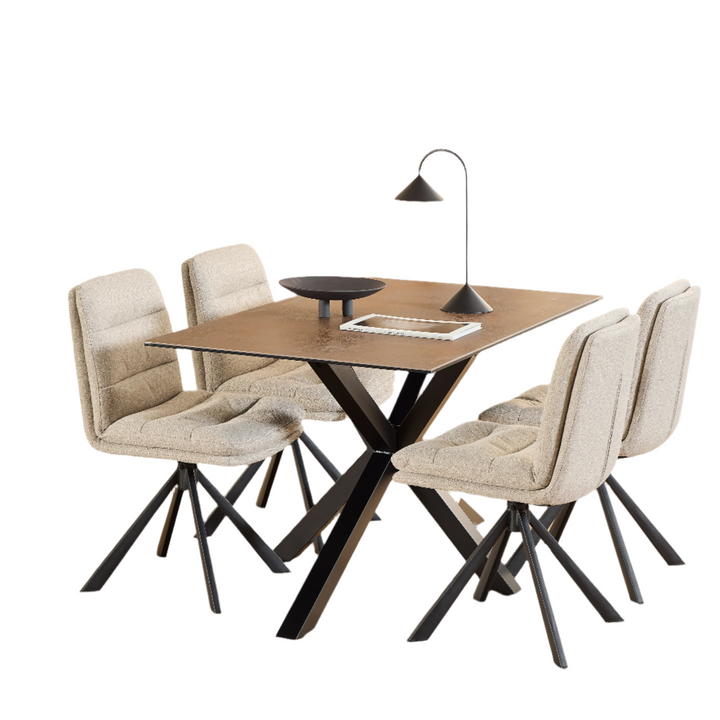 Heaven Dining Table with Ceramic Rusty Brown Top 135cm Included 4 Dean Beige Swivel Dining Chair