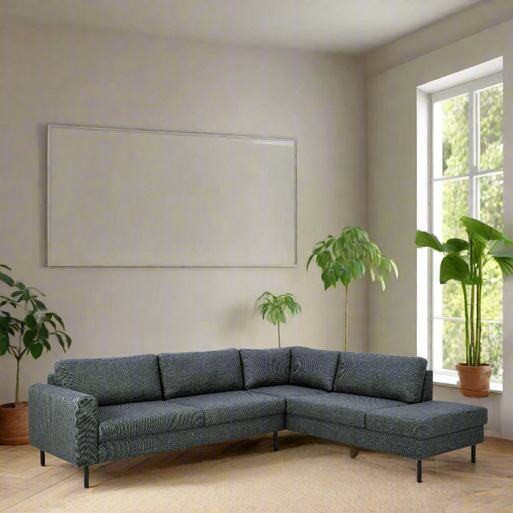 Omaha Corner Sofa With Open End RHF, in Basel Dark Grey 19 Fabric, Base Matt Black Steel