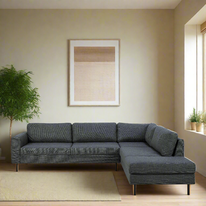 Omaha Corner Sofa With Open End RHF, in Basel Dark Grey 19 Fabric, Base Matt Black Steel