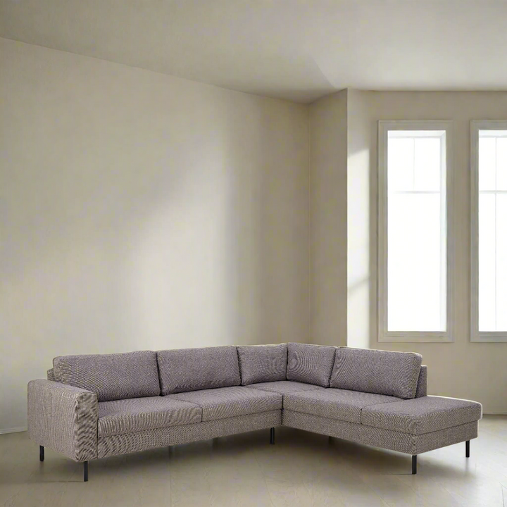 Omaha Corner Sofa With Open End RHF, in Basel Light Grey Brown 34 Fabric, Base Matt Black Steel