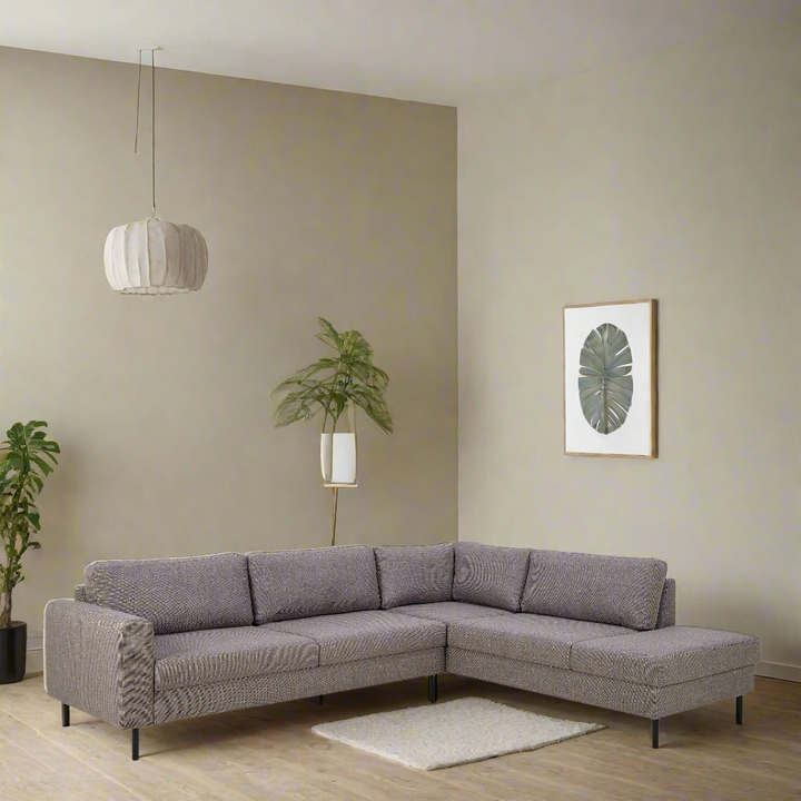 Omaha Corner Sofa With Open End RHF, in Basel Light Grey Brown 34 Fabric, Base Matt Black Steel