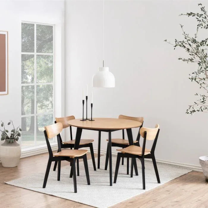 Roxby Round Dining Table in Oak &amp; Black Included 4 Roxby Dining Chairs in Black and Oak - TidySpaces