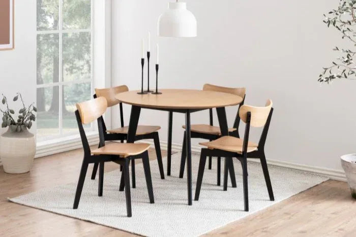 Roxby Round Dining Table in Oak &amp; Black Included 4 Roxby Dining Chairs in Black and Oak - TidySpaces