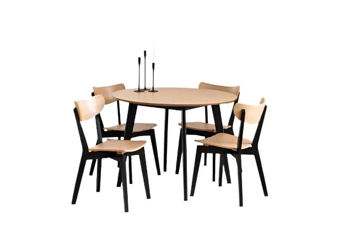 Roxby Round Dining Table in Oak &amp; Black Included 4 Roxby Dining Chairs in Black and Oak - TidySpaces