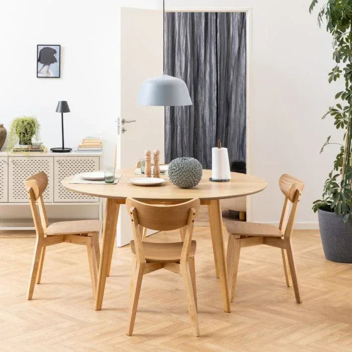 Roxby Round Dining Table in Oak 140x76cm Included 4 Roxby Dining Chairs in Oak - TidySpaces
