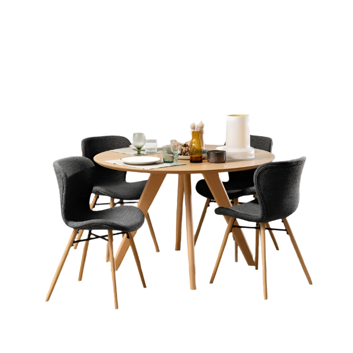 Townsville Round Dining Table in White and Oak Included 4 Batilda Dining Chairs with Grey Fabric and Oak