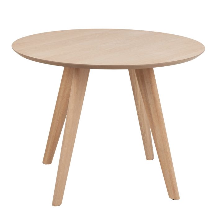 Townsville Round Dining Table in White and Oak Included 4 Batilda Dining Chairs with Grey Fabric and Oak