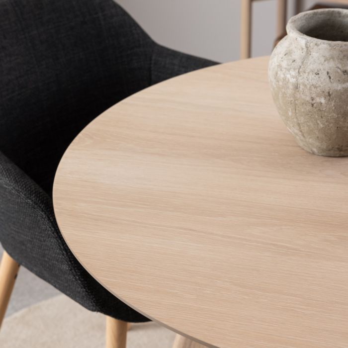 Townsville Round Dining Table in White and Oak Included 4 Batilda Dining Chairs with Grey Fabric and Oak