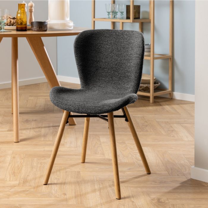Townsville Round Dining Table in White and Oak Included 4 Batilda Dining Chairs with Grey Fabric and Oak