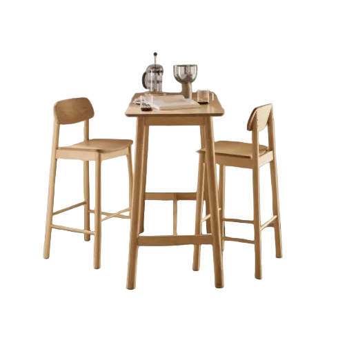 Wooden bar table with two stools on a white background