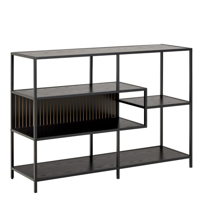 Seaford Wide Ash Black Metal Bookcase With 4 Black Ash Shelves - TidySpaces
