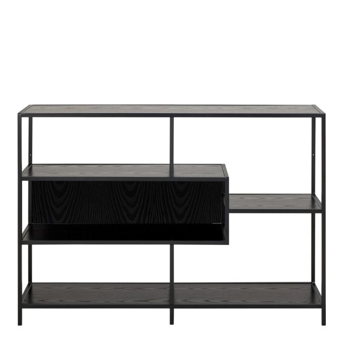 Seaford Wide Ash Black Metal Bookcase With 4 Black Ash Shelves - TidySpaces