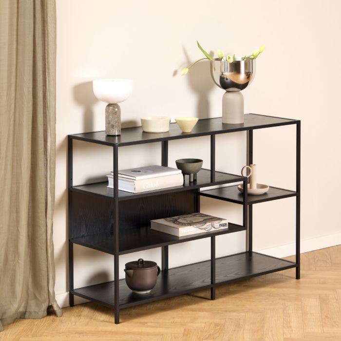 Seaford Wide Ash Black Metal Bookcase With 4 Black Ash Shelves - TidySpaces