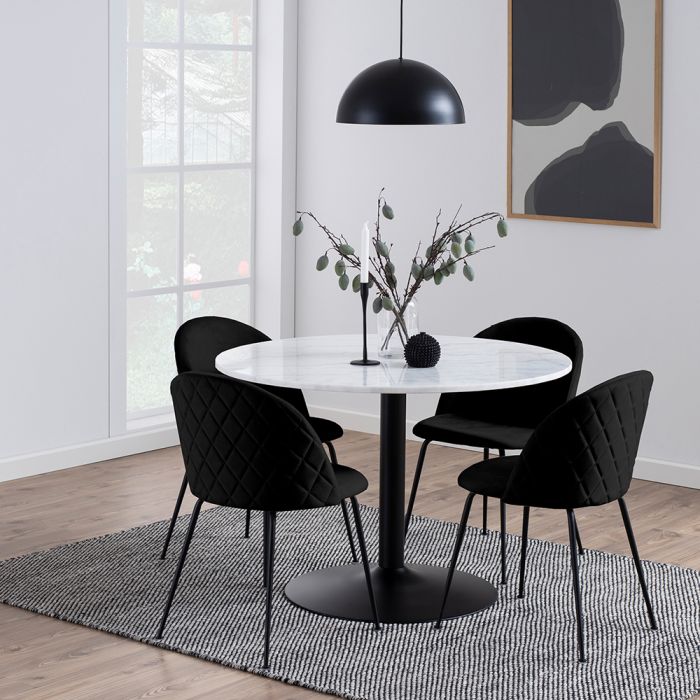 Tarifa Round Dining Table with White Polished Marble Top and Black Base - TidySpaces