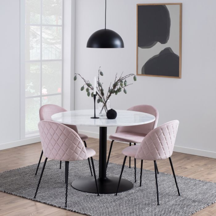 Tarifa Round Dining Table with White Polished Marble Top and Black Base - TidySpaces