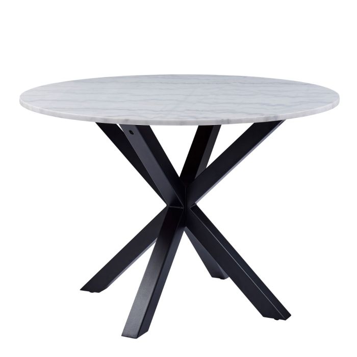 Heaven Round Dining Table with White Polished Marble Top Included 4 I_Oregon Dining Chair In Black with Cream Stitching,