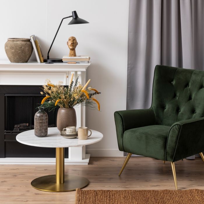 Corby Round Coffee Table with White Marble Effect Top & Gold Base - TidySpaces