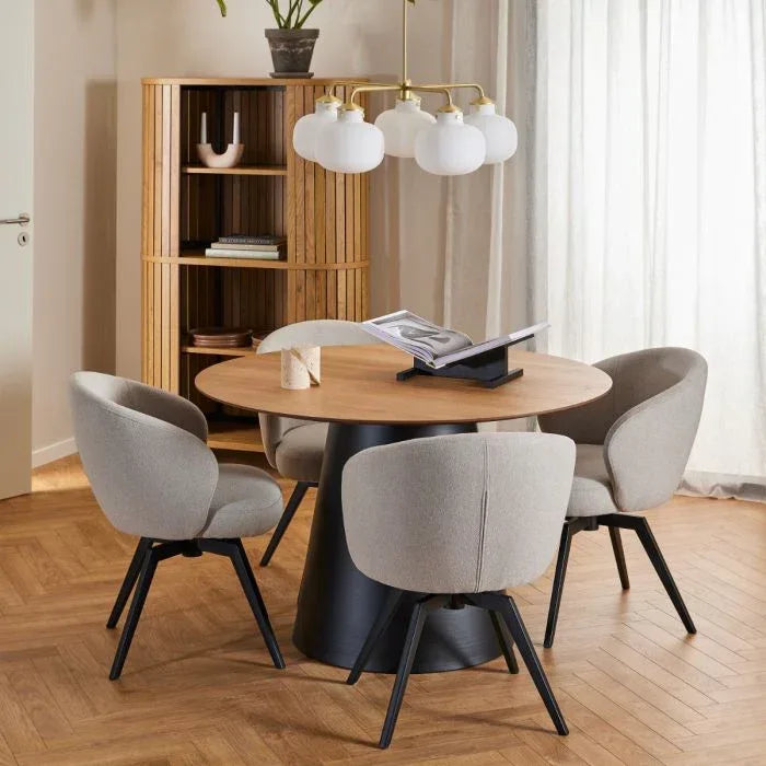 Soli Round Dining Table in Oak/Black 120x75cm Included 4 Darlene Dining Chair with Armrest and Swivel Function in Beige - TidySpaces