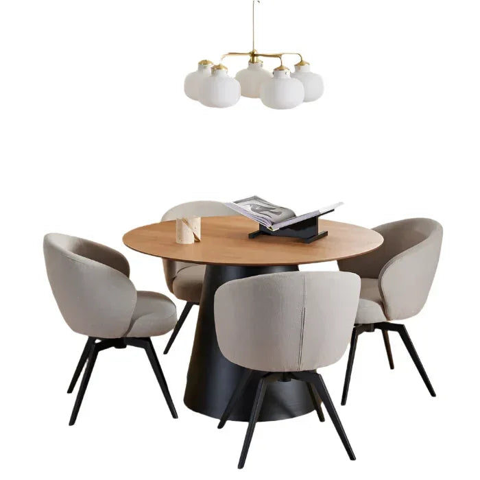 Soli Round Dining Table in Oak/Black 120x75cm Included 4 Darlene Dining Chair with Armrest and Swivel Function in Beige - TidySpaces