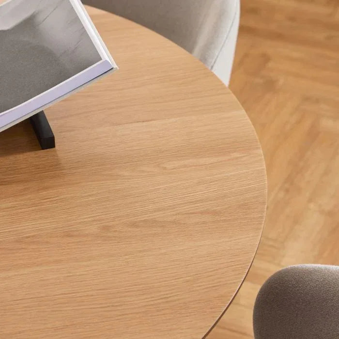 Soli Round Dining Table in Oak/Black 120x75cm Included 4 Darlene Dining Chair with Armrest and Swivel Function in Beige - TidySpaces