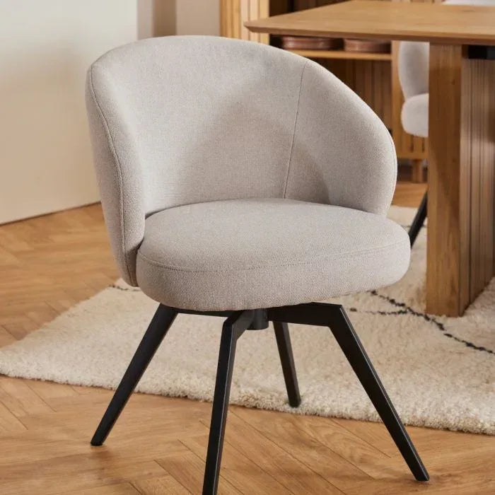 Soli Round Dining Table in Oak/Black 120x75cm Included 4 Darlene Dining Chair with Armrest and Swivel Function in Beige - TidySpaces