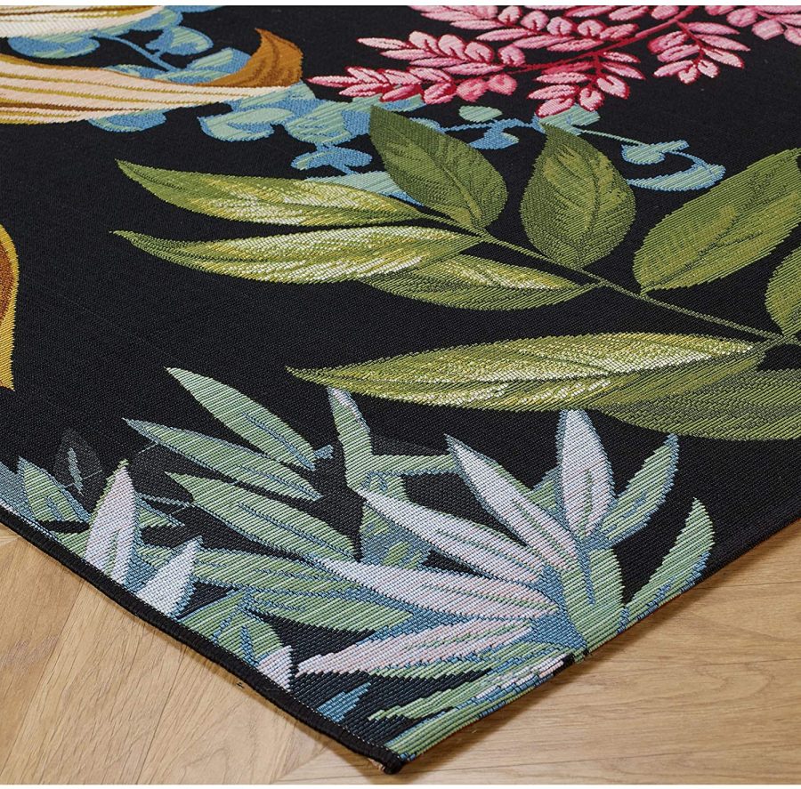 Indoor Outdoor Rug Tropical Black with Multi Colour Floral Pattern