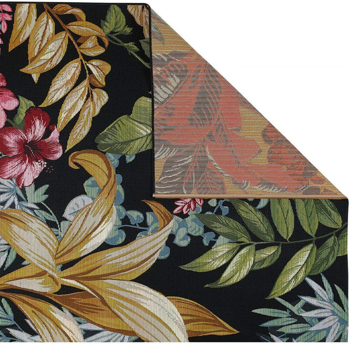 Indoor Outdoor Rug Tropical Black with Multi Colour Floral Pattern