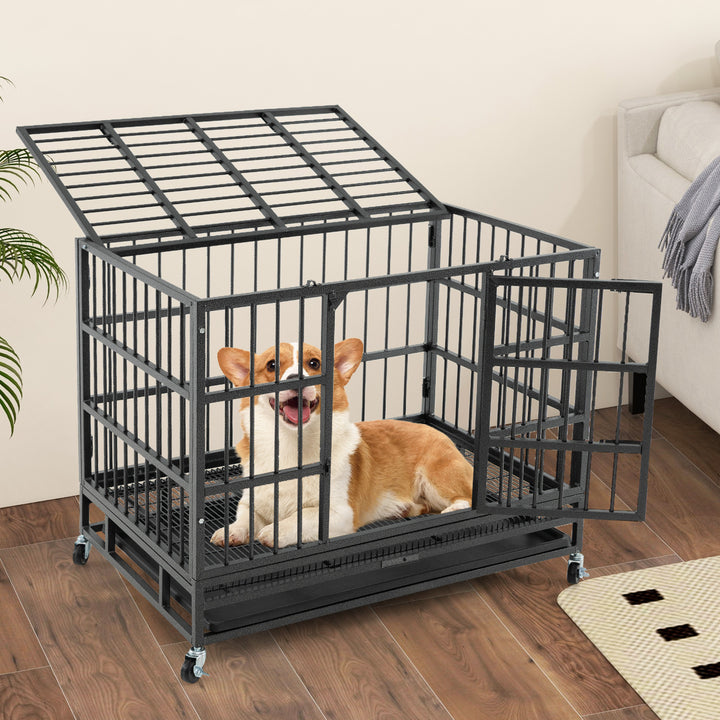 Metal Dog Cage Foldable with Double Door and Wheels - TidySpaces