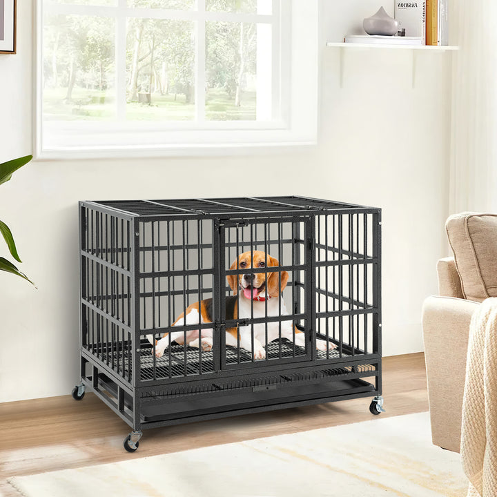 Metal Dog Cage Foldable with Double Door and Wheels - TidySpaces