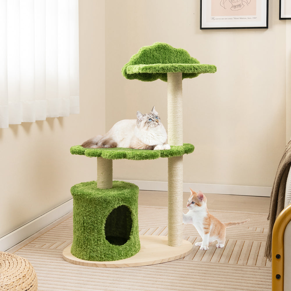 97 cm Cute Cat Tree with Fully Wrapped Sisal Scratching Posts-Green - TidySpaces