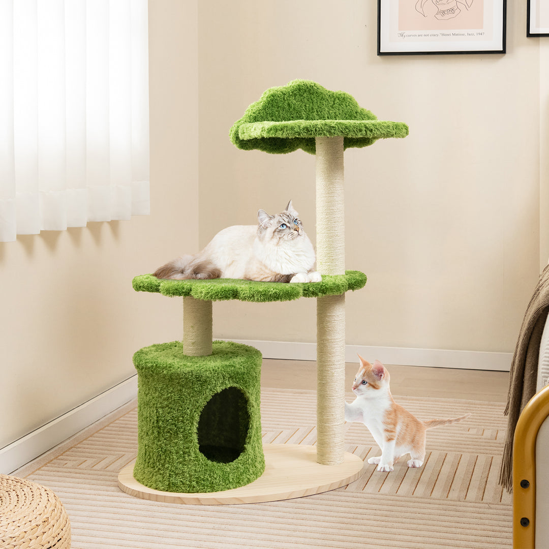 97 cm Cute Cat Tree with Fully Wrapped Sisal Scratching Posts-Green - TidySpaces