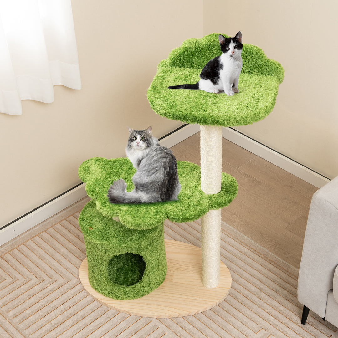 97 cm Cute Cat Tree with Fully Wrapped Sisal Scratching Posts-Green - TidySpaces