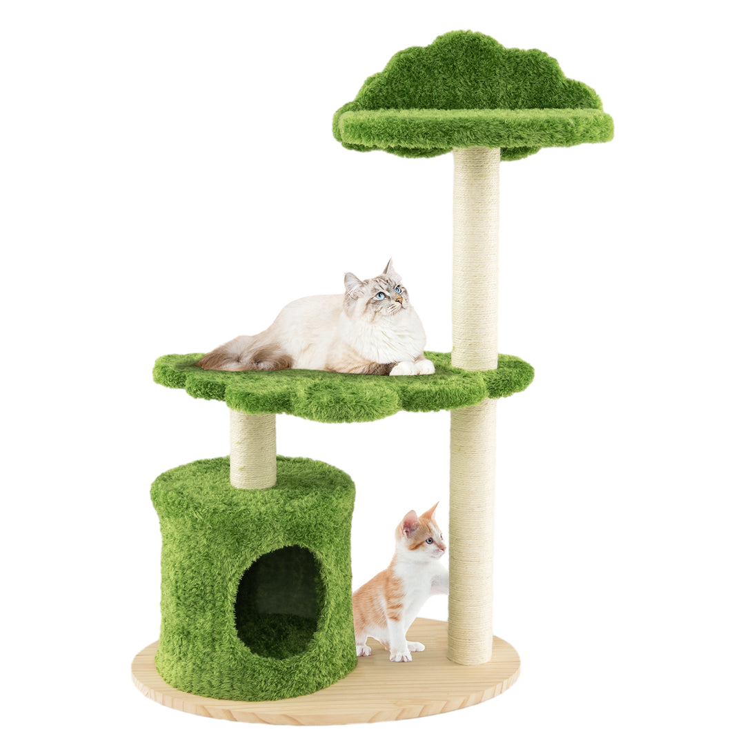 97 cm Cute Cat Tree with Fully Wrapped Sisal Scratching Posts-Green - TidySpaces