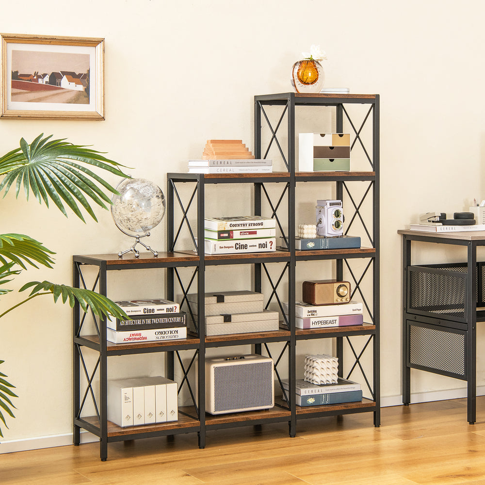 5 Tier Bookshelf 9 Cubes Bookcase with Carbon Steel Frame Rustic - TidySpaces
