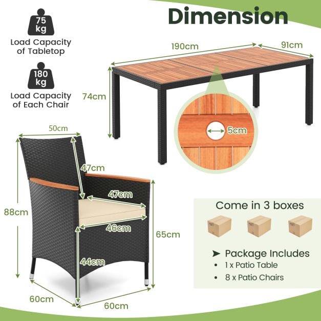 9 PCS Patio Dining Set for 8 Large Conversation Set with Umbrella Hole