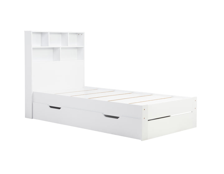 Alfie Storage Bed with Headboard Storage and Pull Out Drawer for Versatile Organization