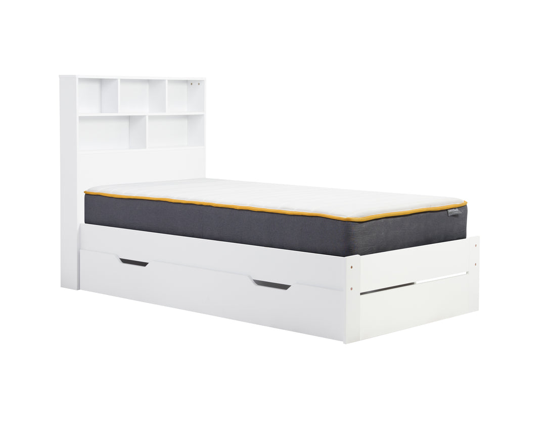 Alfie Storage Bed with Headboard Storage and Pull Out Drawer for Versatile Organization