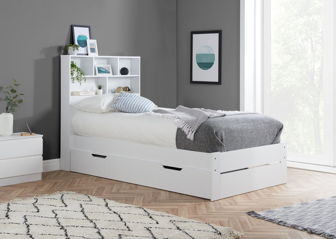 Alfie Storage Bed with Headboard Storage and Pull Out Drawer for Versatile Organization