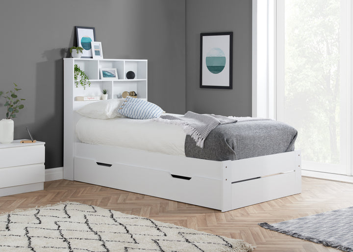 Alfie Storage Bed with Headboard Storage and Pull Out Drawer for Versatile Organization