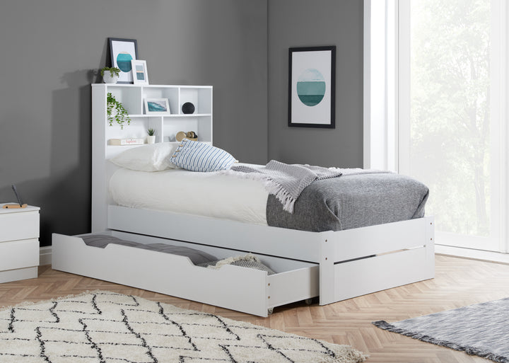 Alfie Storage Bed with Headboard Storage and Pull Out Drawer for Versatile Organization