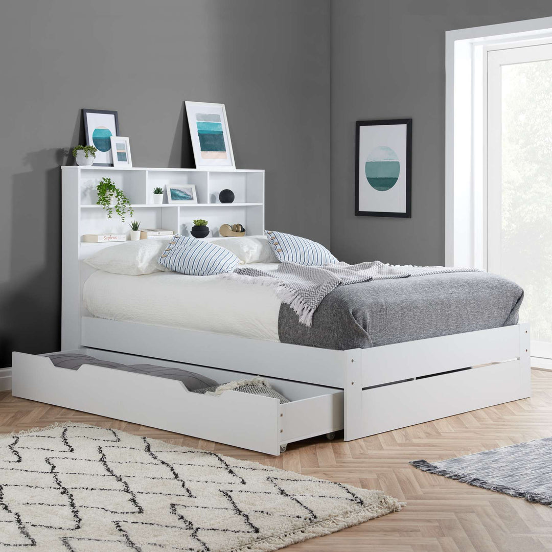 Alfie Storage Bed with Headboard Storage and Pull Out Drawer for Versatile Organization