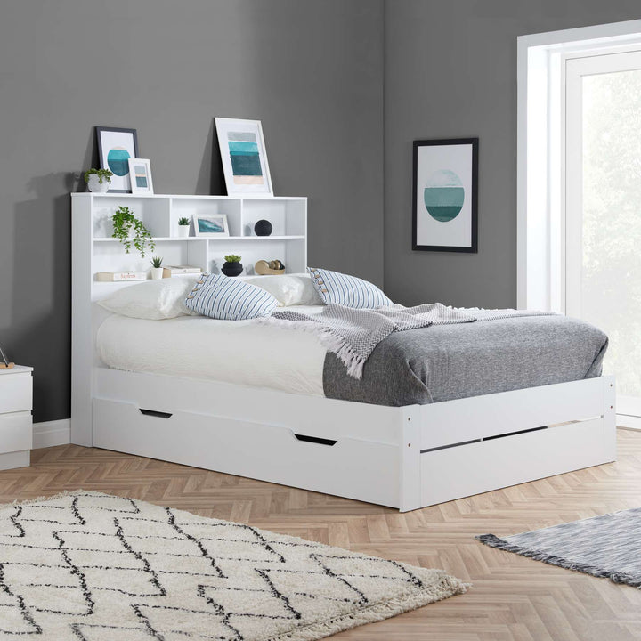 Alfie Storage Bed with Headboard Storage and Pull Out Drawer for Versatile Organization