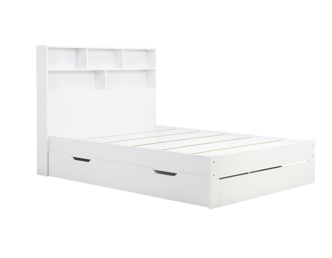 Alfie Storage Bed with Headboard Storage and Pull Out Drawer for Versatile Organization