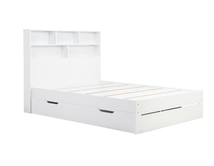 Alfie Storage Bed with Headboard Storage and Pull Out Drawer for Versatile Organization
