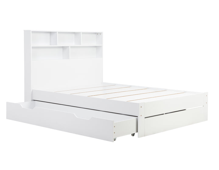 Alfie Storage Bed with Headboard Storage and Pull Out Drawer for Versatile Organization